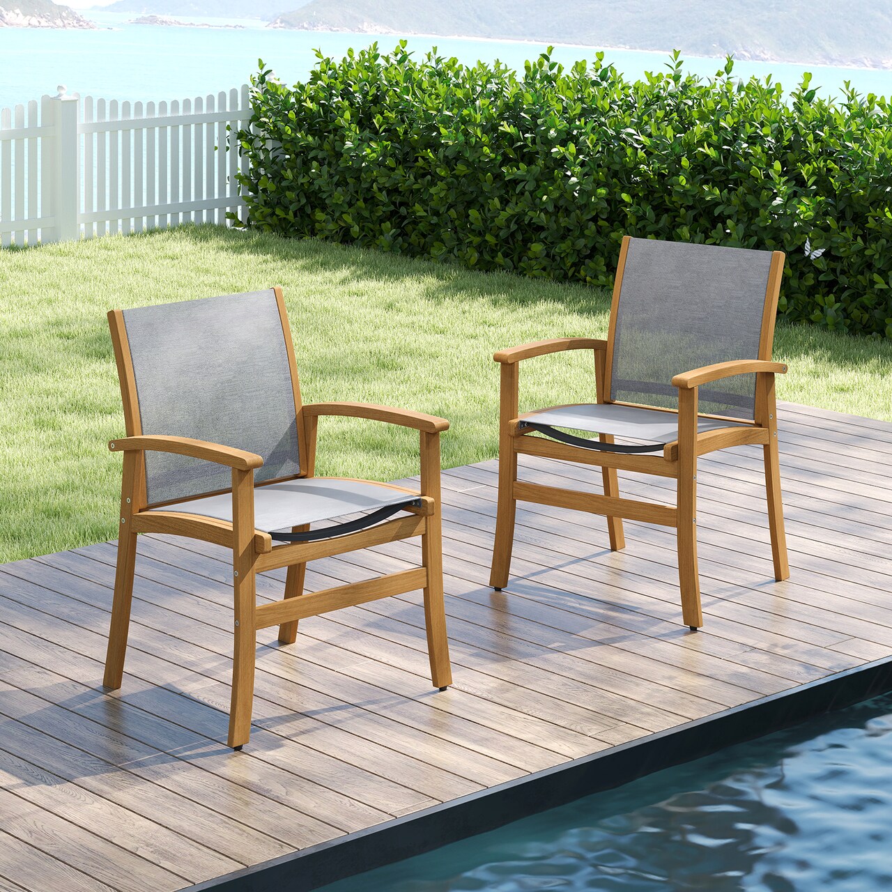 Natural Grey Acacia Wood Patio Chairs Set of 2 with Breathable Fabric and Ergonomic Comfort